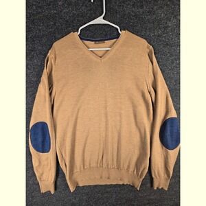 Stenstroms Men's Tan Camel V Neck Sweater Navy Patches Preppy Classic Size L